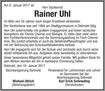 Anzeige  Rainer Uhl  Lippische Landes-Zeitung