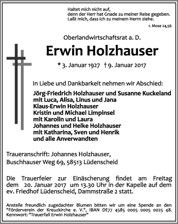 Anzeige  Erwin Holzhauser  Lippische Landes-Zeitung