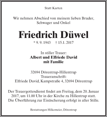 Anzeige  Friedrich Düwel  Lippische Landes-Zeitung