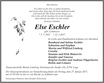 Anzeige  Else Eschler  Lippische Landes-Zeitung