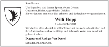 Anzeige  Willi Hopp  Lippische Landes-Zeitung