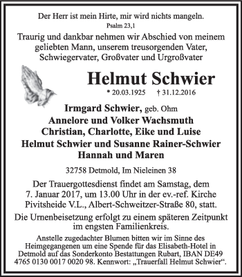 Anzeige  Helmut Schwier  Lippische Landes-Zeitung