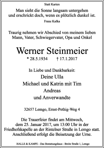 Anzeige  Werner Steinmeier  Lippische Landes-Zeitung