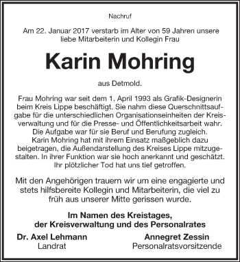 Anzeige  Karin Mohring  Lippische Landes-Zeitung