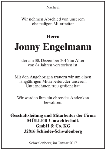 Anzeige  Jonny Engelmann  Lippische Landes-Zeitung