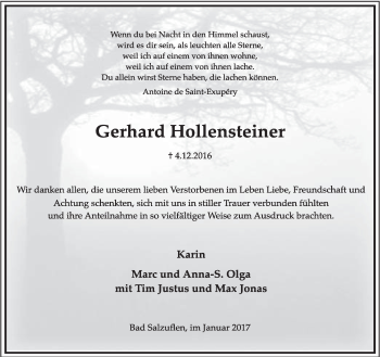 Anzeige  Gerhard Hollensteiner  Lippische Landes-Zeitung