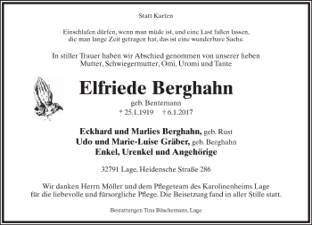 Anzeige  Elfriede Berghahn  Lippische Landes-Zeitung