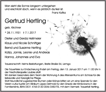 Anzeige  Gertrud Hertling  Lippische Landes-Zeitung