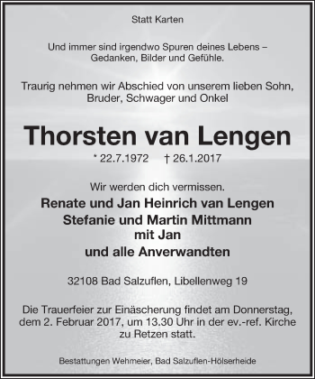 Anzeige  Thorsten van Lengen  Lippische Landes-Zeitung