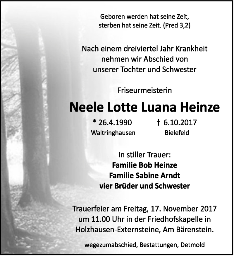  Traueranzeige für Neele Lotte Luana Heinze vom 14.10.2017 aus Lippische Landes-Zeitung