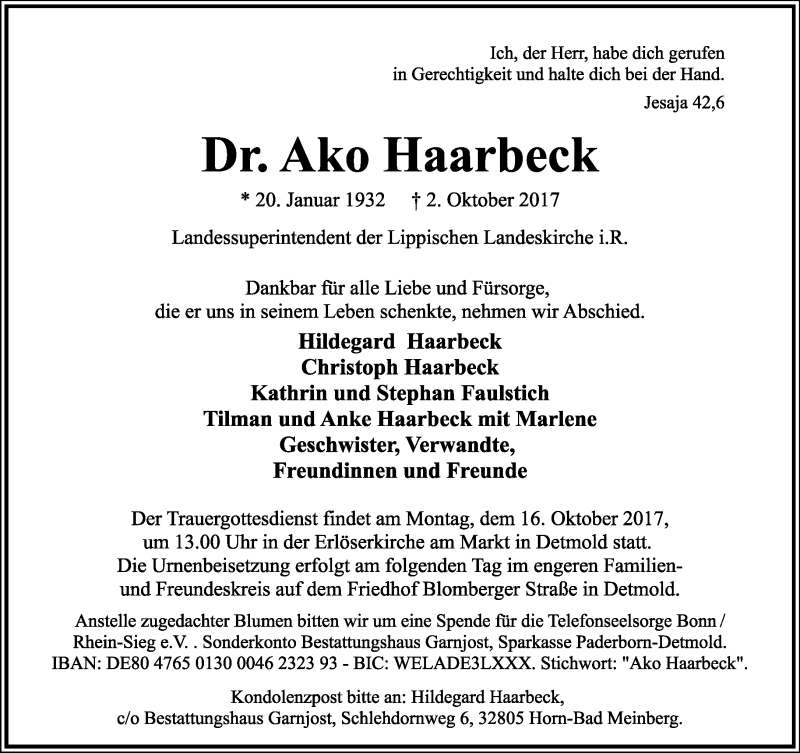  Traueranzeige für Ako Haarbeck vom 07.10.2017 aus Lippische Landes-Zeitung