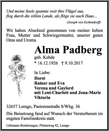 Anzeige  Alma Padberg  Lippische Landes-Zeitung