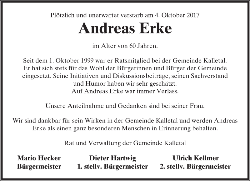  Traueranzeige für Andreas Erke vom 07.10.2017 aus Lippische Landes-Zeitung