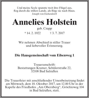 Anzeige  Annelies Holstein  Lippische Landes-Zeitung