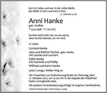 Anzeige  Anni Hanke  Lippische Landes-Zeitung