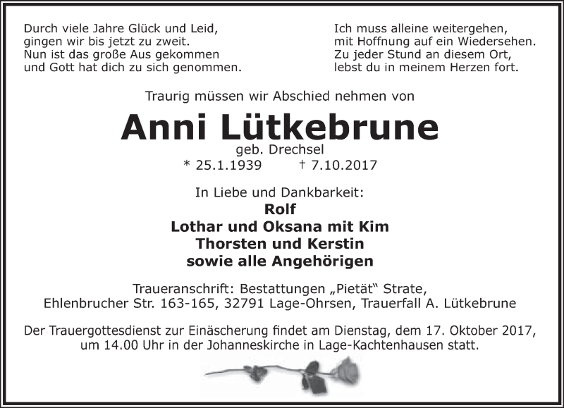  Traueranzeige für Anni Lütkebrune vom 11.10.2017 aus Lippische Landes-Zeitung