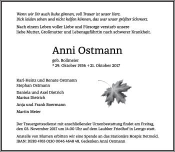 Anzeige  Anni Ostmann  Lippische Landes-Zeitung