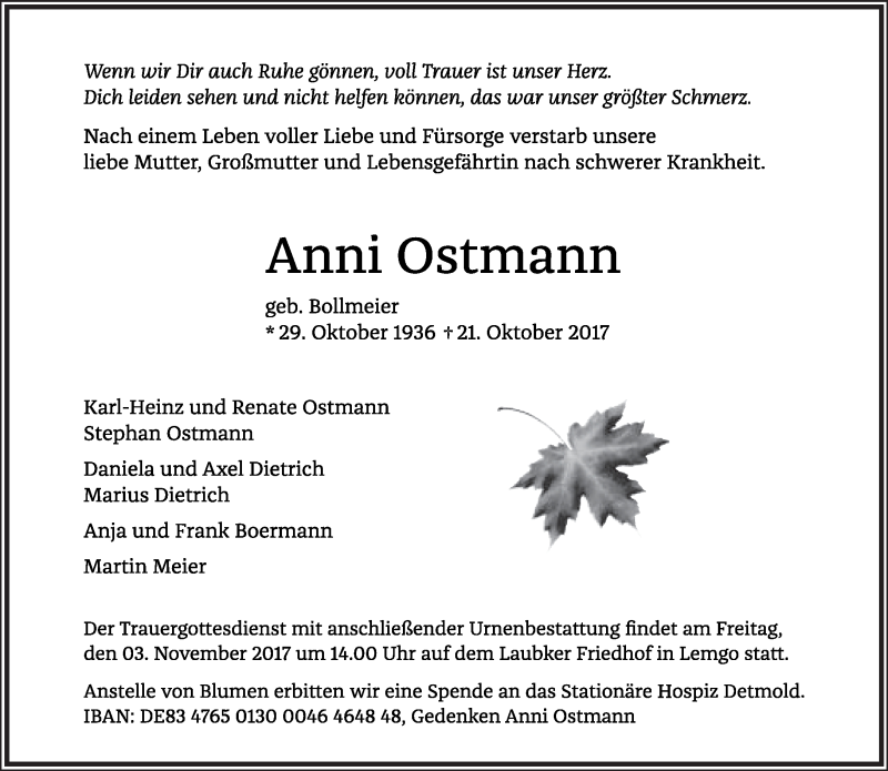  Traueranzeige für Anni Ostmann vom 28.10.2017 aus Lippische Landes-Zeitung