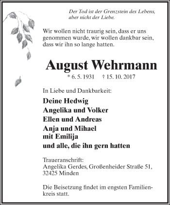 Anzeige  August Wehrmann  Lippische Landes-Zeitung