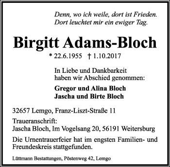 Anzeige  Birgitt Adams-Bloch  Lippische Landes-Zeitung