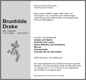 Anzeige  Brunhilde Drake  Lippische Landes-Zeitung