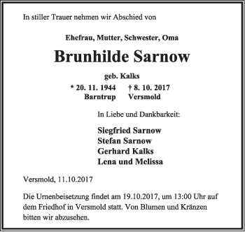 Anzeige  Brunhilde Sarnow  Lippische Landes-Zeitung