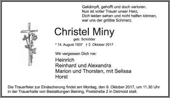 Anzeige  Christel Miny  Lippische Landes-Zeitung