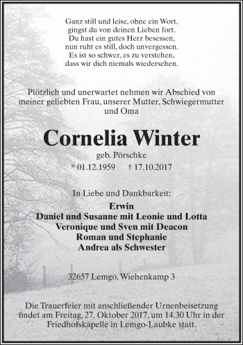 Anzeige  Cornelia Winter  Lippische Landes-Zeitung