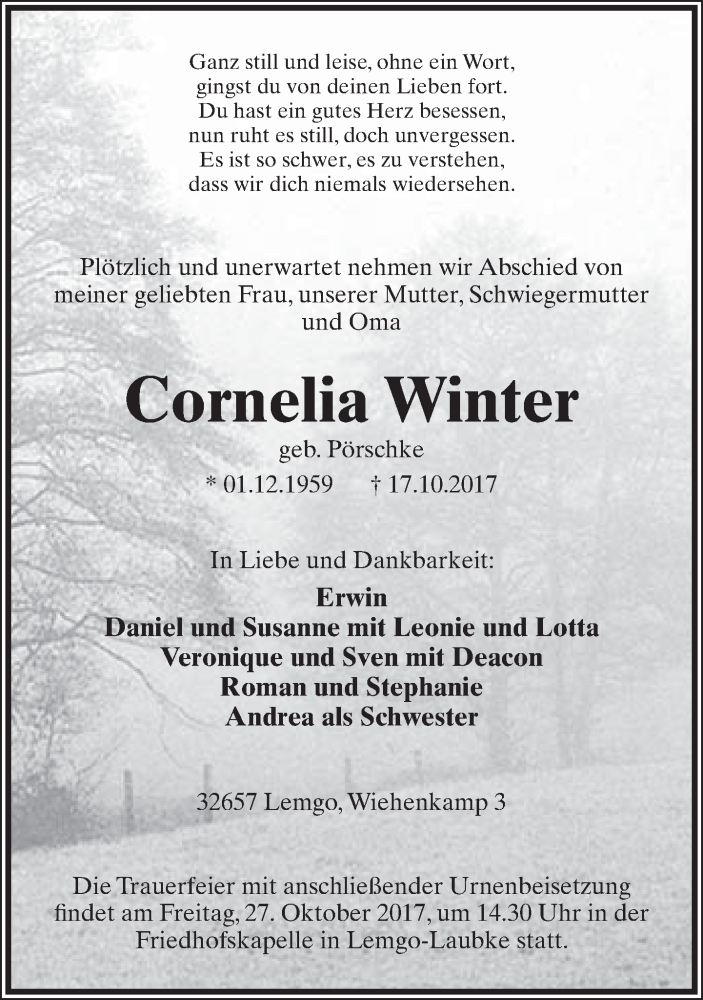  Traueranzeige für Cornelia Winter vom 21.10.2017 aus Lippische Landes-Zeitung