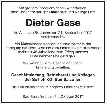 Anzeige  Dieter Gase  Lippische Landes-Zeitung
