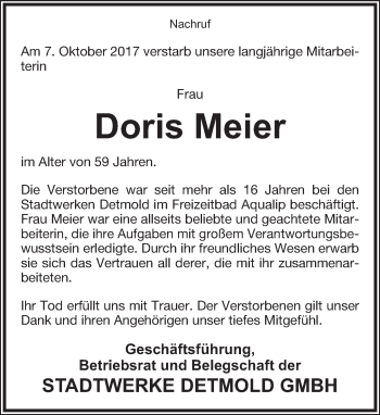 Anzeige  Doris Meier  Lippische Landes-Zeitung
