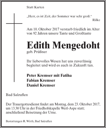 Anzeige  Edith Mengedoht  Lippische Landes-Zeitung