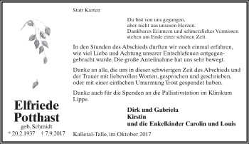 Anzeige  Elfriede Potthast  Lippische Landes-Zeitung