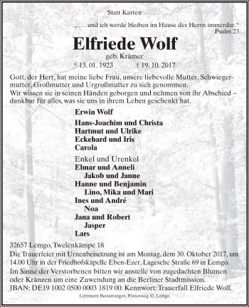 Anzeige  Elfriede Wolf  Lippische Landes-Zeitung