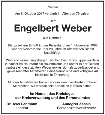 Anzeige  Engelbert Weber  Lippische Landes-Zeitung
