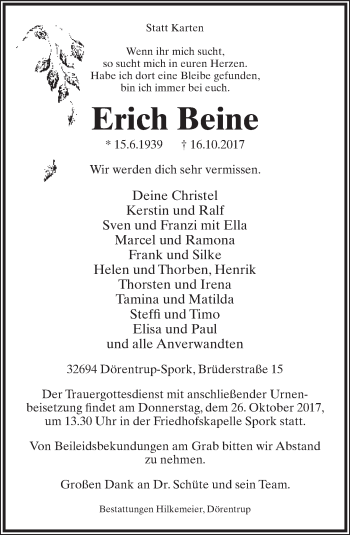 Anzeige  Erich Beine  Lippische Landes-Zeitung
