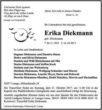 Anzeige  Erika Diekmann  Lippische Landes-Zeitung