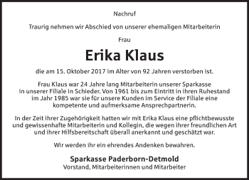 Anzeige  Erika Klaus  Lippische Landes-Zeitung