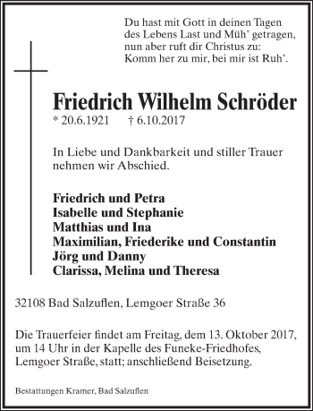 Anzeige  Friedrich Wilhelm Schröder  Lippische Landes-Zeitung