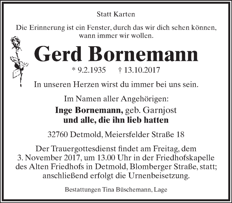  Traueranzeige für Gerd Bornemann vom 21.10.2017 aus Lippische Landes-Zeitung