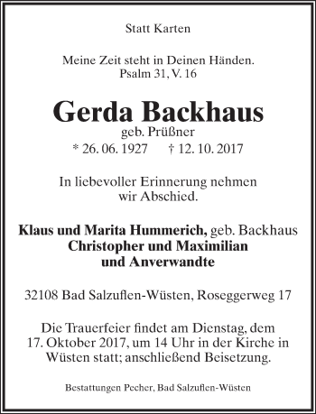 Anzeige  Gerda Backhaus  Lippische Landes-Zeitung
