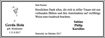 Anzeige  Gerda Hein  Lippische Landes-Zeitung