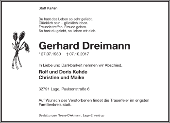 Anzeige  Gerhard Dreimann  Lippische Landes-Zeitung