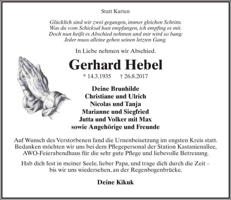  Traueranzeige für Gerhard Hebel vom 07.10.2017 aus Lippische Landes-Zeitung