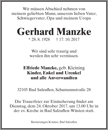 Anzeige  Gerhard Manzke  Lippische Landes-Zeitung