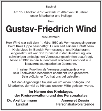 Anzeige  Gustav-Friedrich Wind  Lippische Landes-Zeitung