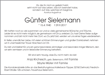 Anzeige  Günter Sielemann  Lippische Landes-Zeitung