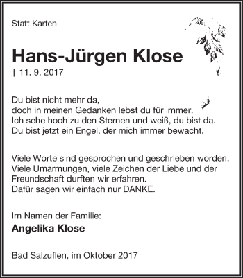 Anzeige  Hans-Jürgen Klose  Lippische Landes-Zeitung