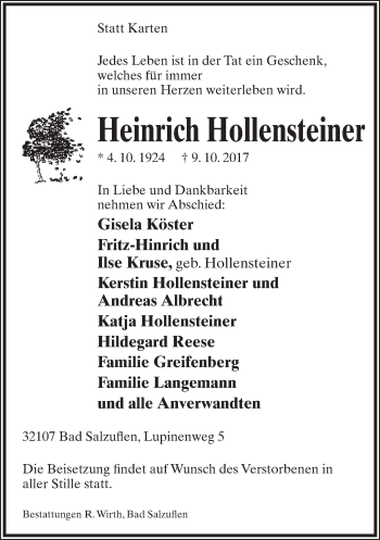 Anzeige  Heinrich Hollensteiner  Lippische Landes-Zeitung