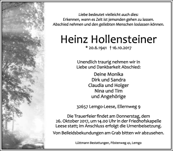 Anzeige  Heinz Hollensteiner  Lippische Landes-Zeitung